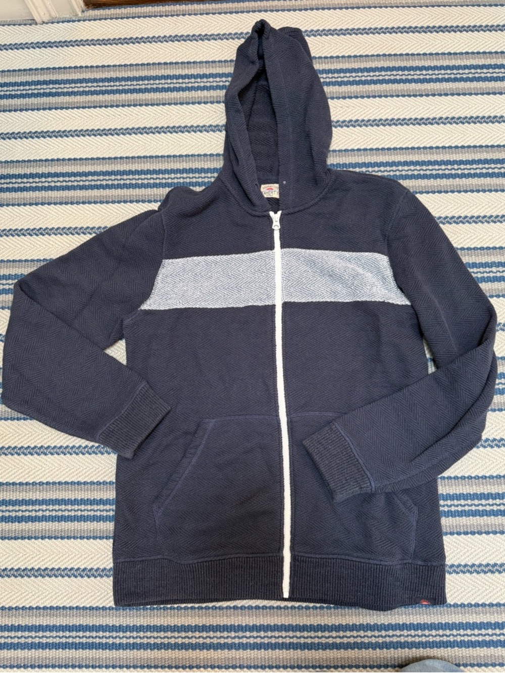 Faherty Navy Zip-Up Hoodie with Light Gray Chest Stripe